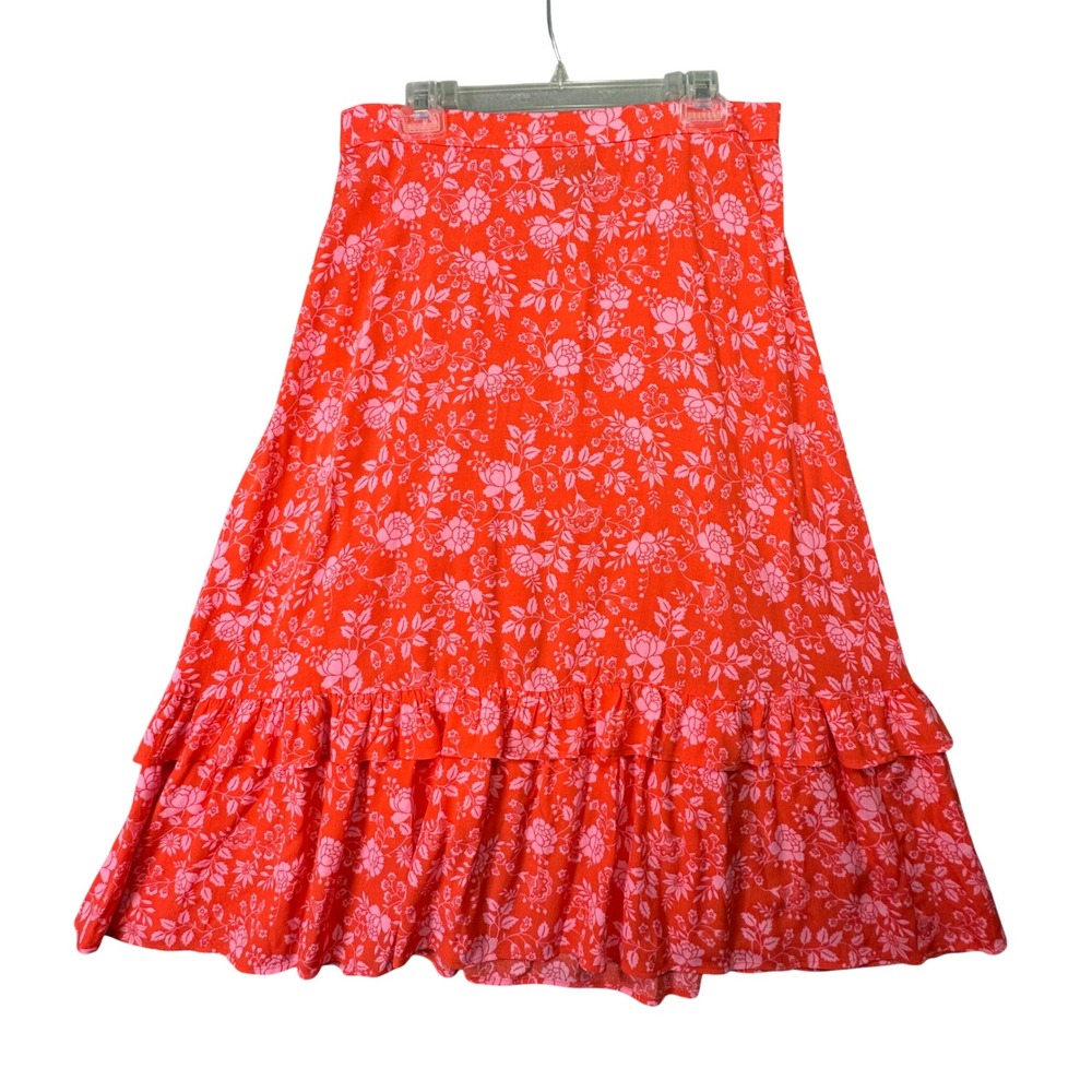 Talbots Floral Tiered Ruffle Midi Skirt Red Pink Boho Cottagecore Size L NEW